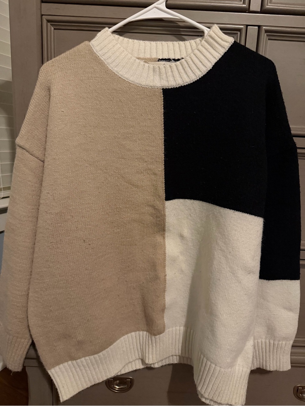 Vine & Love Colorblock Crewneck Sweater in Cream, Beige & Black, small fits big